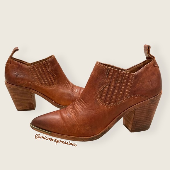 Frye Faye Shootie Cognac Leather Western Southern Embroidered Cowboy Heel Bootie - Picture 11 of 11
